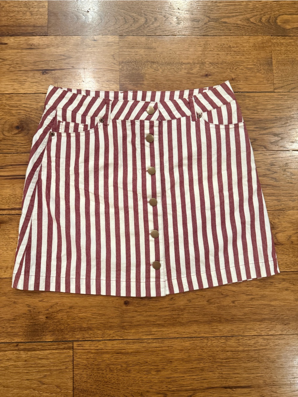 NEW WITH TAGS Striped Button-Front A-Line Skirt in Burgundy and White